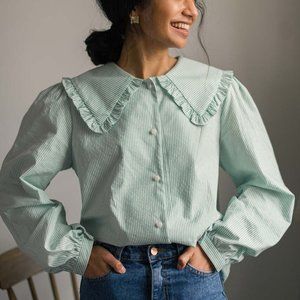 Olive Wide Collar Striped Button Up, One Size